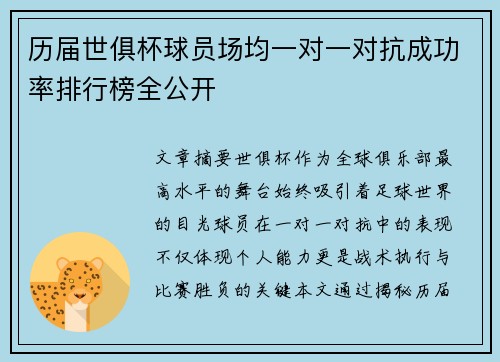 历届世俱杯球员场均一对一对抗成功率排行榜全公开
