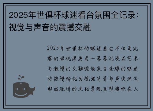 2025年世俱杯球迷看台氛围全记录：视觉与声音的震撼交融