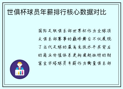 世俱杯球员年薪排行核心数据对比